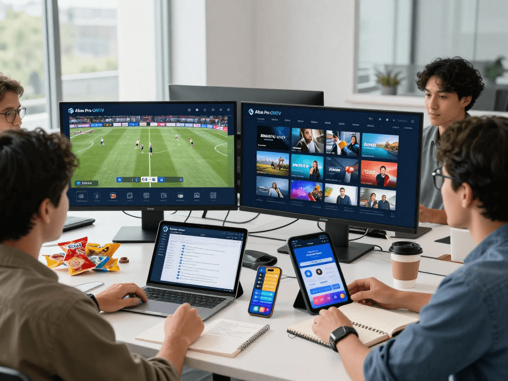Équipe analysant l'application Atlas Pro ONTV avec des écrans montrant des chaînes en direct et une ambiance de travail moderne.