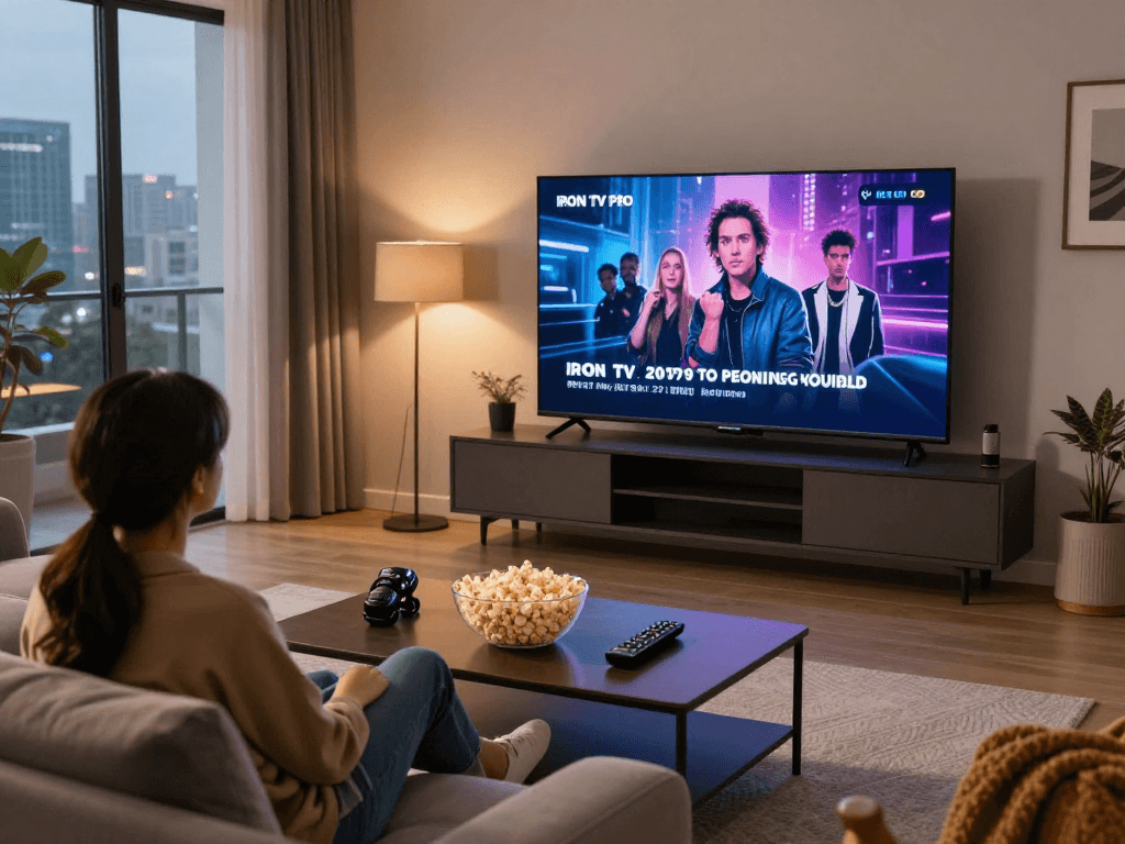 Paire profitant d'Iron tv pro dans leur salon moderne, écran affichant du contenu de streaming.